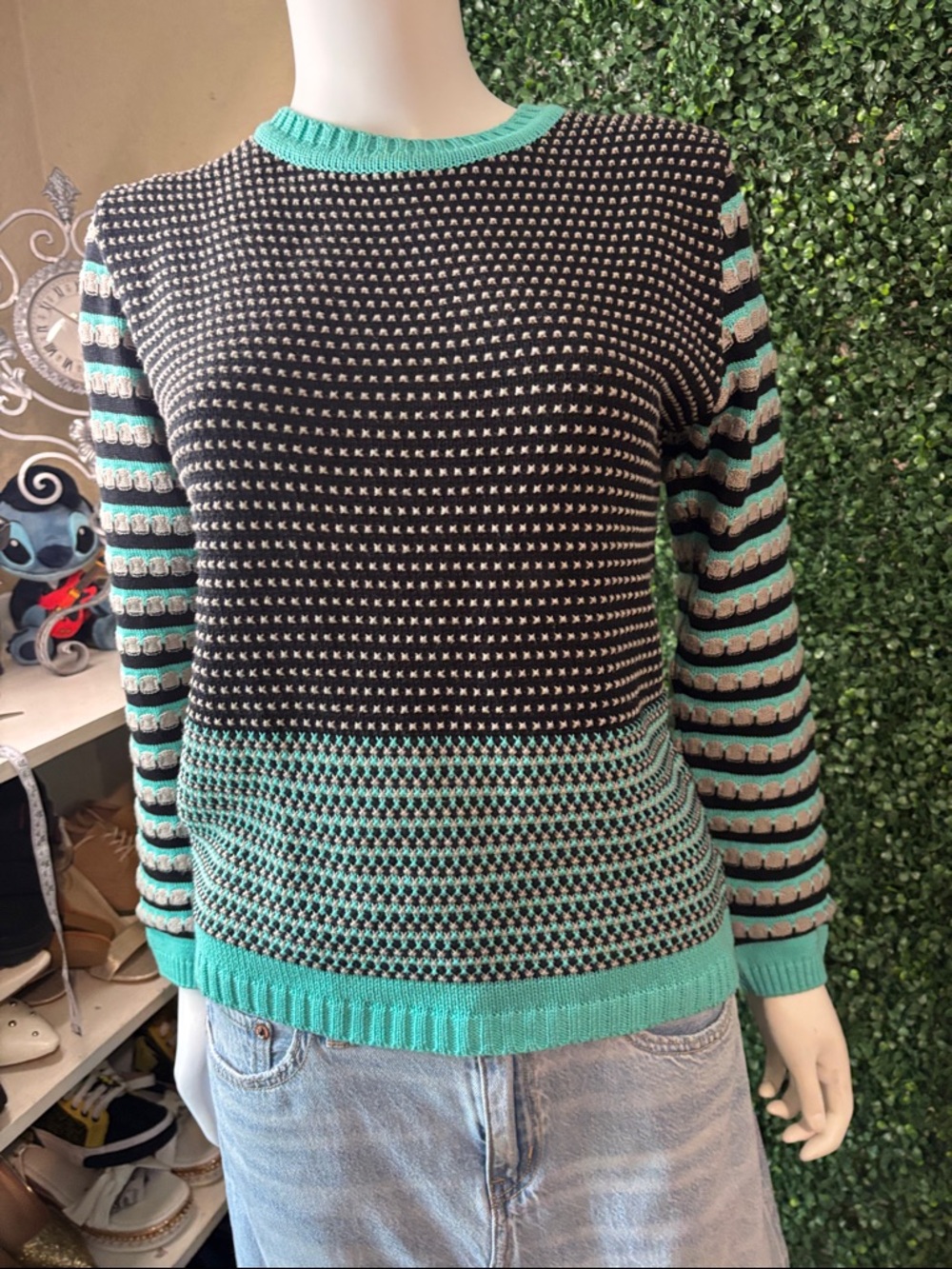 Black and Mint Striped Crewneck Sweater